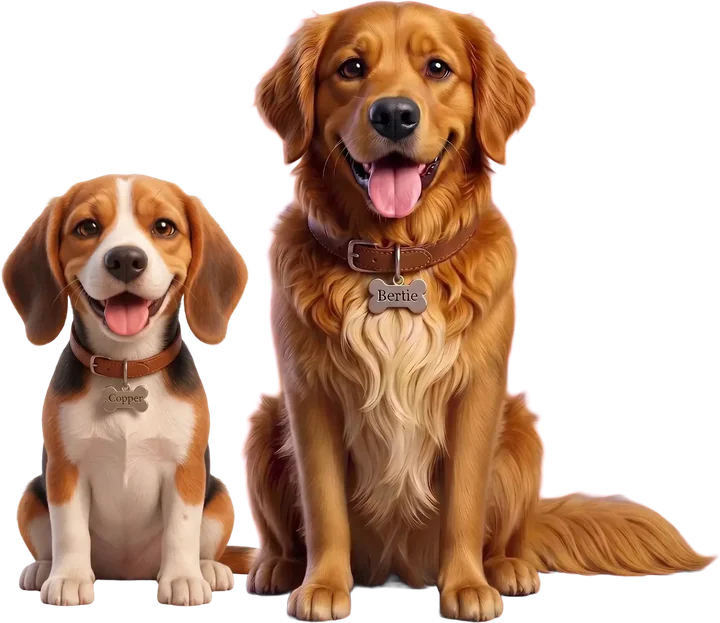 Bertie the golden retriever and Copper the beagle sitting together
