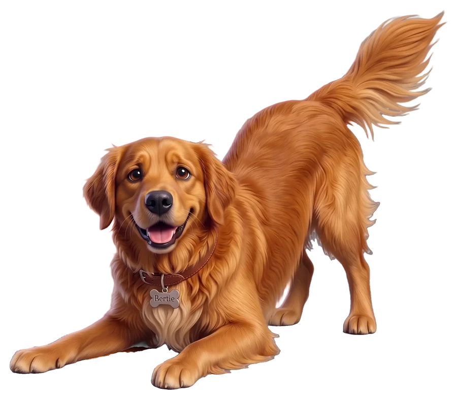 Bertie the golden retriever in a playful bow