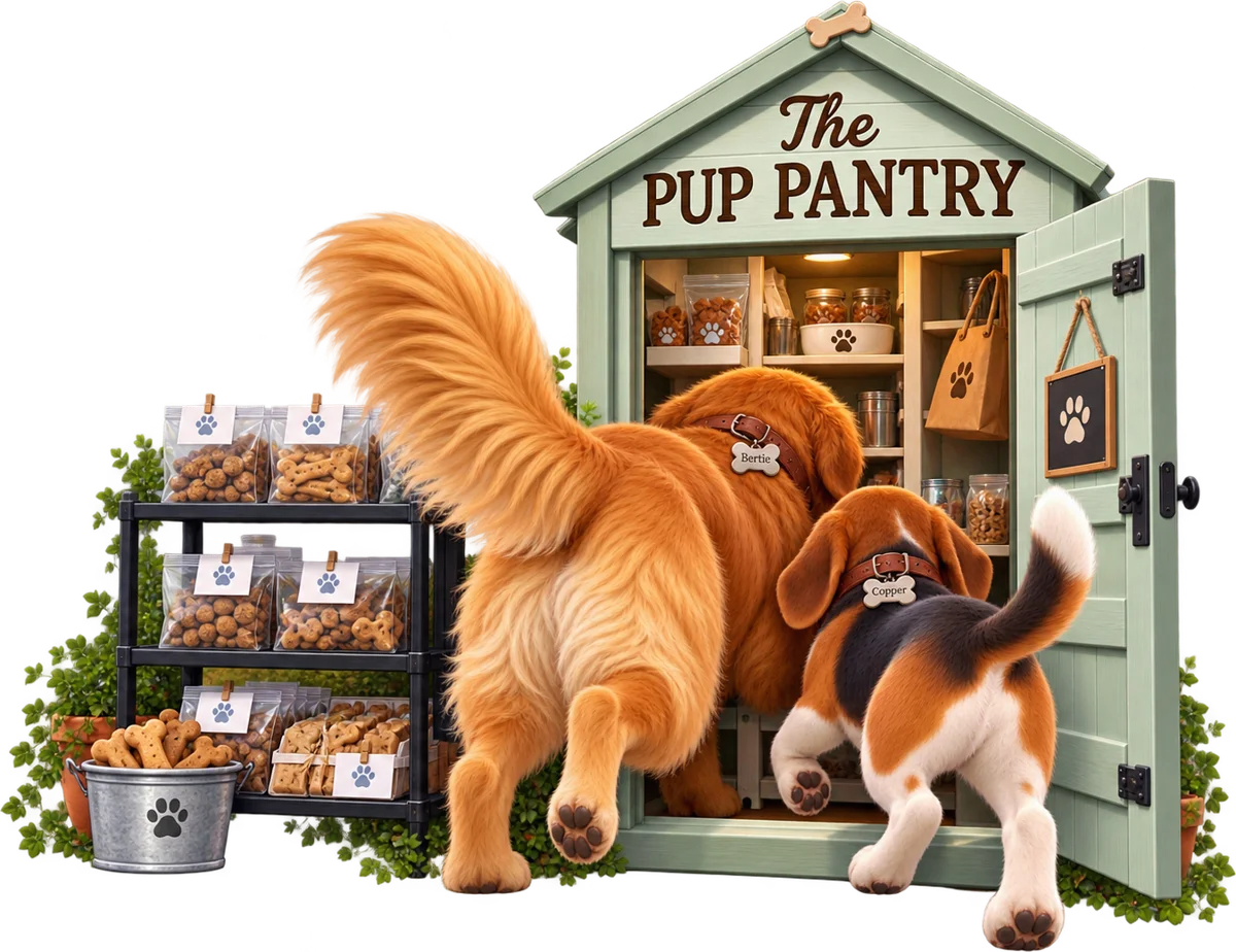 Illustration of Bertie and Copper sneaking into the Pup Pantry through its slightly open door